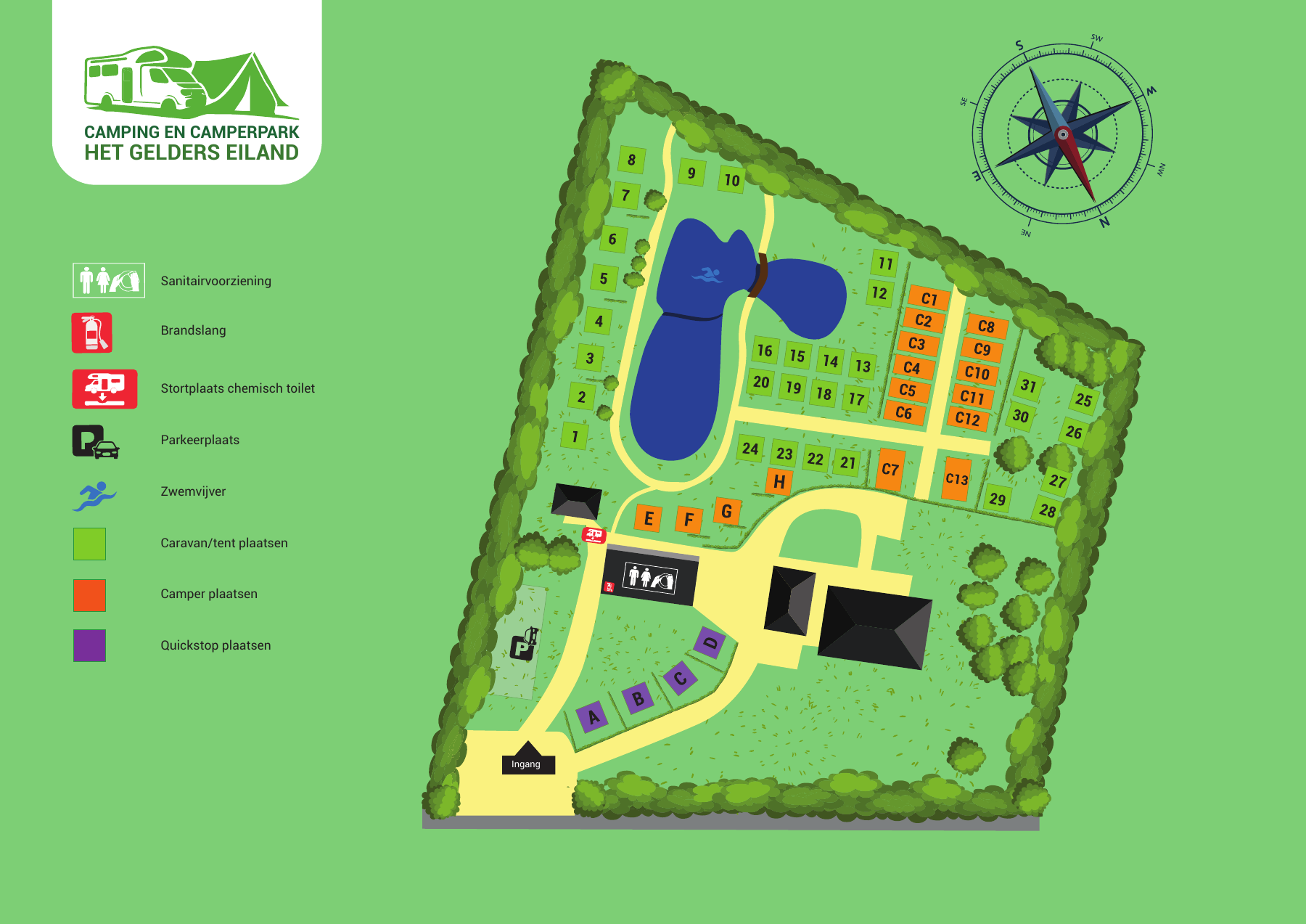 Plattegrond van Camping Het Gelders Eiland met de ingang, kampeerplaatsen, camperplaatsen, Quickstop-plaatsen, zwemvijver en voorzieningen